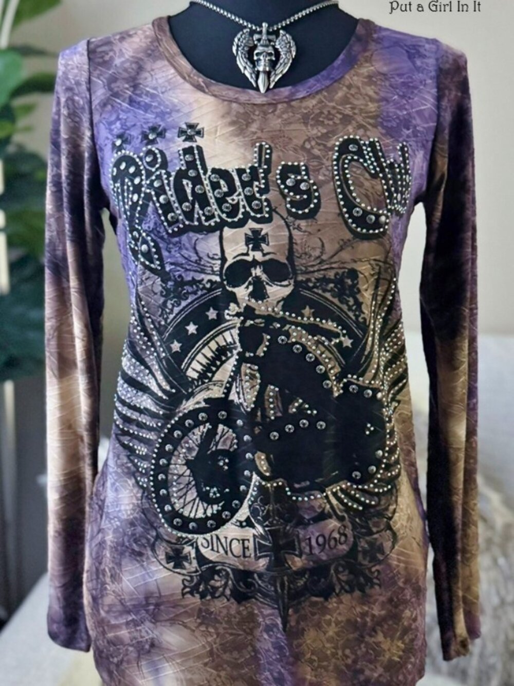 Vocal Apparel women's crystal tie dye skull motorcycle wings biker shirt s m l